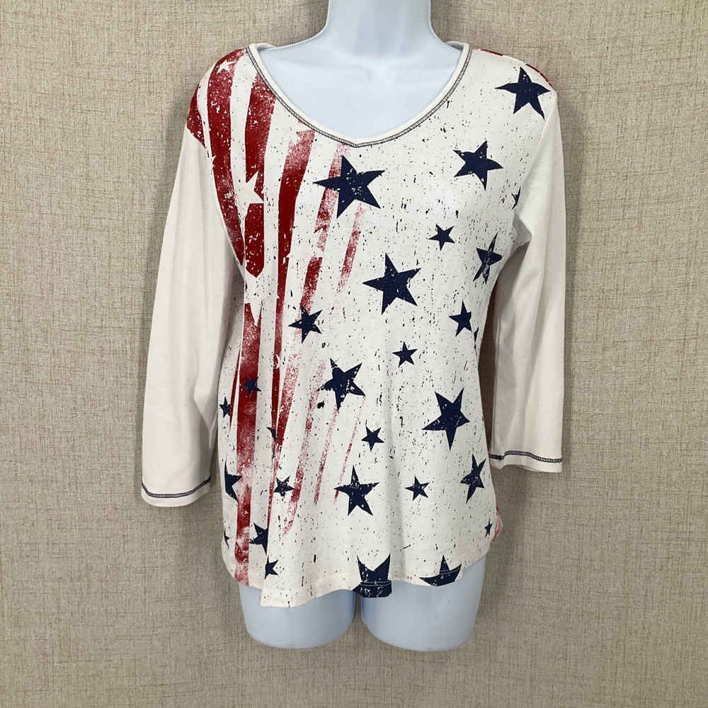 Jess & Jane Top‎ Womens S White Cotton Stars Stripes Americana 3/4 Sleeve V-Neck